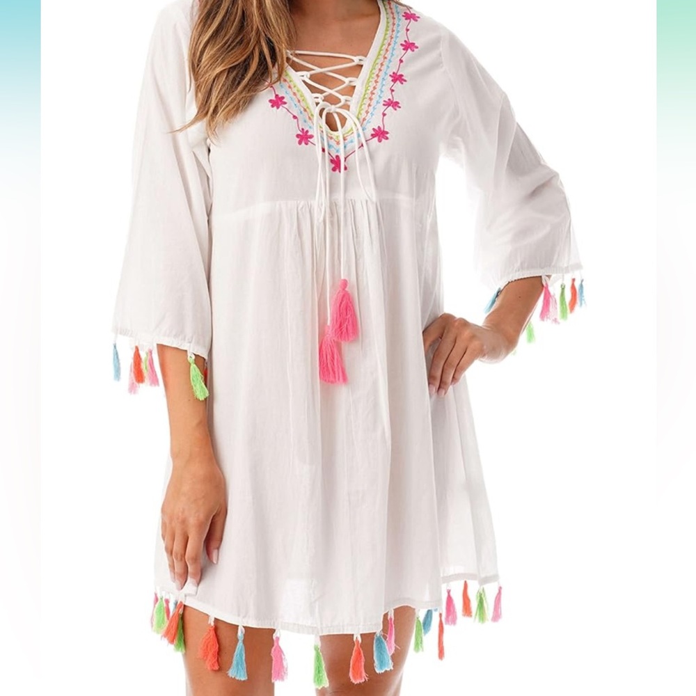 Pink and White Lace-Up Swim Coverup with Tassel Trim